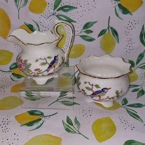 AYNSLEY Fine Bone China PEMBROKE Individual Creamer and Sugar Floral Blue Bird